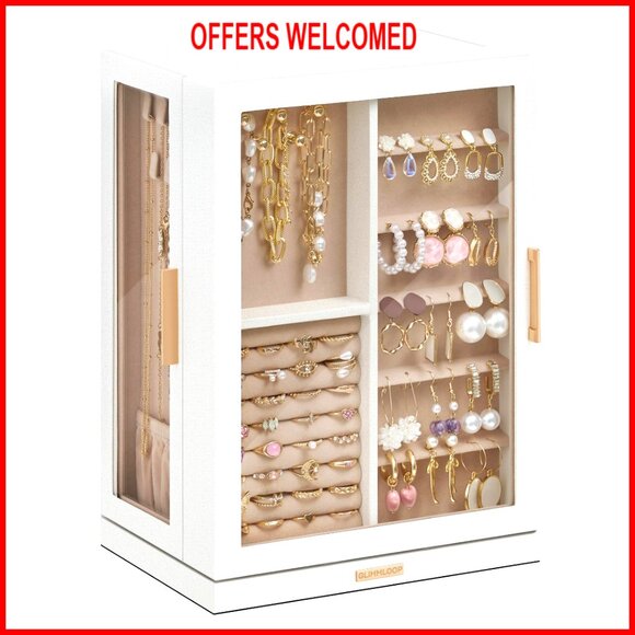 360° Rotating Jewelry Box with 7 Drawers Glass Window Dustproof Organizer